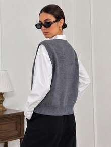Women's Vertical Striped Argyle Jacquard Knit Vest, Round Neck Sleeveless Sweater Fall - Grey - View 2