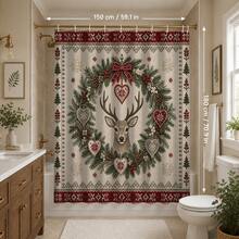 1pc/4pcs Christmas Reindeer Wreath Multi-Functional Bathroom Decor Shower Curtain Set, Free 12 Hooks, Premium Holiday Atmosphere, Bathroom Mat U-Shaped Floor Mat And Round Toilet Lid Cover, Suitable For All Christmas Scenes Decoration - Reindeer Wreath - View 11