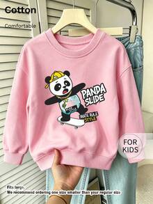 Tween Girl Crew Neck Sweatshirt, Panda Slide Skateboard Cool Panda Graphic Print Cotton Pullover For Tween Girl - Pink - View 1