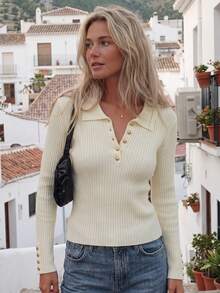 Sweater Pullover Wanita Lengan Panjang Rajut Bergaris dengan Kerah Polo dan Kancing, Musim Gugur/Dingin - Aprikot - View 7