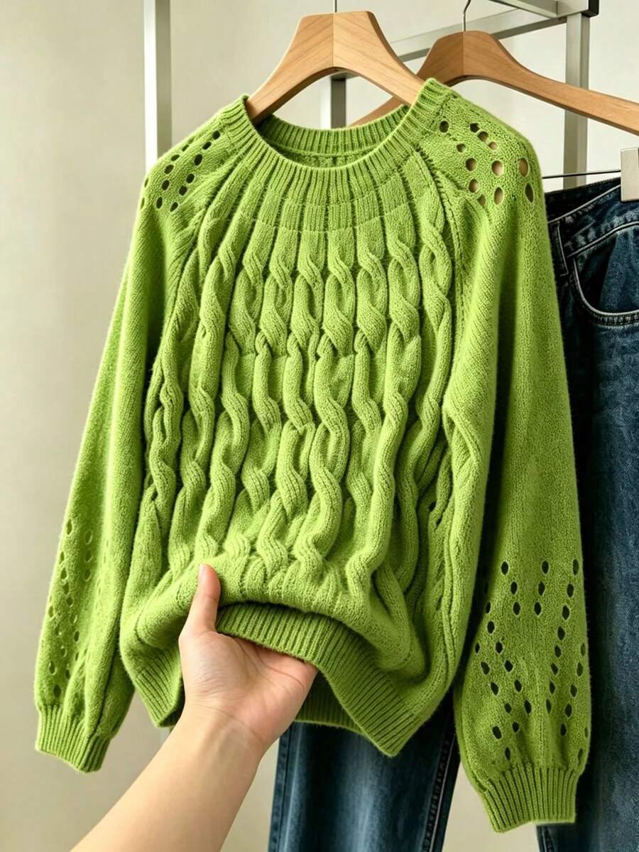 Soft Lazy Hollow-Out Cable Knit Sweater, Round Neck Solid Color Versatile Knit Top - Emerald Green - View 1