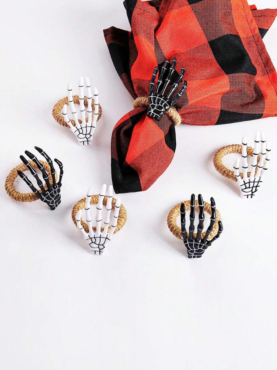 1-12pcs Halloween Black & White Skeleton Hand Napkin Rings, Ghost Hand Napkin Holders For Halloween Table Decor, Room Decoration, Home Decor - Multicolor - View 1
