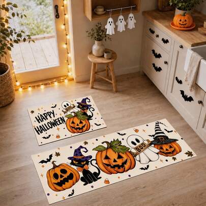 1/2pcs Halloween Pumpkin & Ghost Pattern, Vintage Diatomaceous Earth Bath Mat, Super Absorbent, Non-Slip, Perfect For Bathroom, Kitchen And Dining Room, Quick Dry, Machine Washable, Ideal Gift For Home Decor And Bathroom Mat