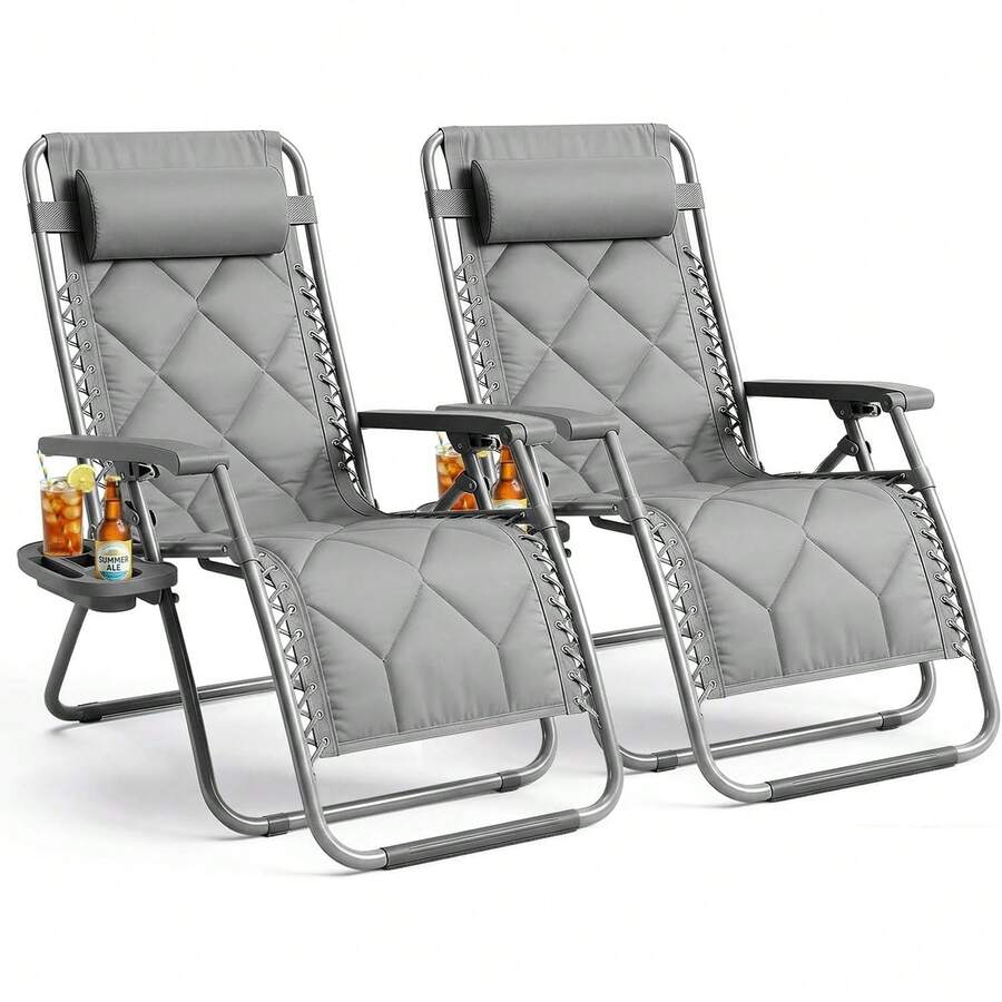Gravity Chairs (2-Pack) Premium Heavy-Duty Outdoor Recliners With Luxe Two-Tone Design! Features Ultra-Padded Ergonomic Support, 5-Position Adjustable Backrest Independent Headrest, Built-In Cup Holder Phone Slot, And Smooth Rocking F - Grey - View 1