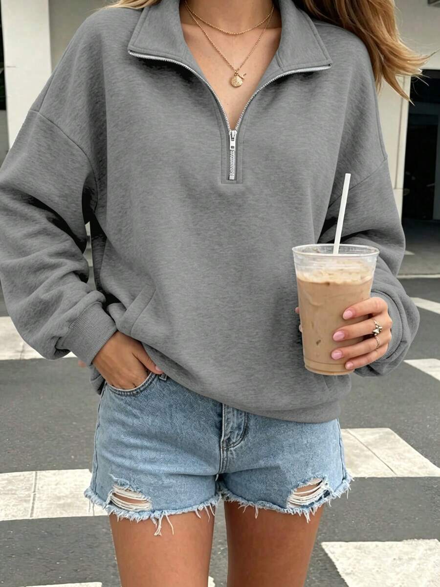Sweatshirt Wanita Ukuran Besar Model Bahu Longgar dengan Resleting Setengah, Lengan Panjang, Cocok untuk Musim Gugur dan Pakaian Kasual Nyaman Sehari-hari - Grey - View 1