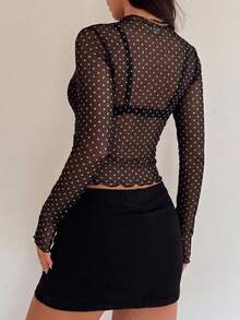 Autumn Sheer Mesh Polka Dot Long Sleeve Top, Sexy Slim Fit Party Blouse For Women - Black - View 6