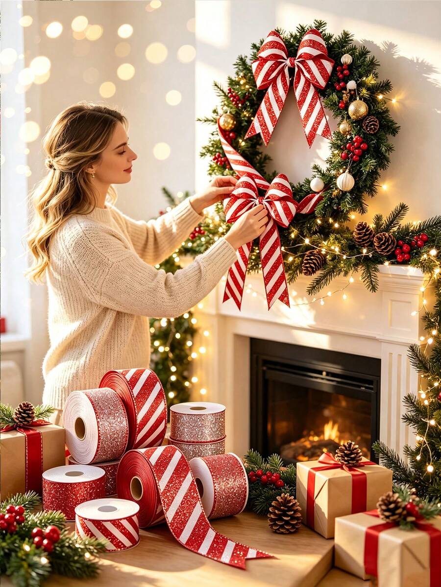 Red And White Diagonal Stripe Ribbon, Christmas Packaging Craft Decorative Ribbon, Wreath Bows, Holiday Party Decoration, Suitable For Gift Wrapping, Holiday Decor - Multicolor - View 1
