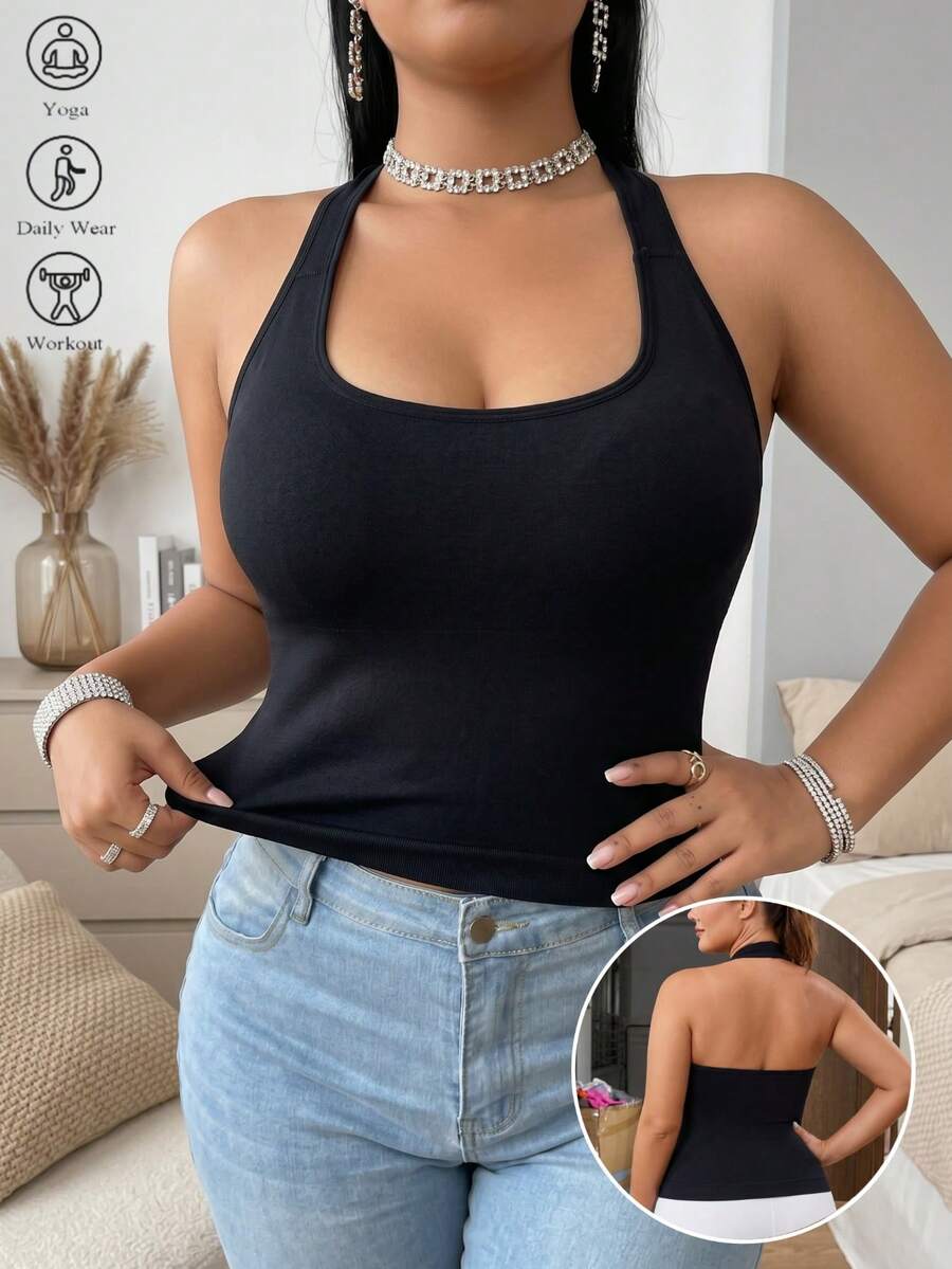 Women's Plus Size Ribbed Halter Neck Tank Top, Open Back Slim Fit Sleeveless Cami, Casual Daily Wear, Lounge & Workout Athletic Tops - Black - View 1