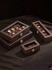 1pc Walnut Wood Watch Storage Box With Clear Glass Lid & Brass Latch, Watch Display Case With Soft Liner, Men Wristwatch Collector Organizer For Dresser Bedroom Jewelry Storage Gift - Multicolor - View 11