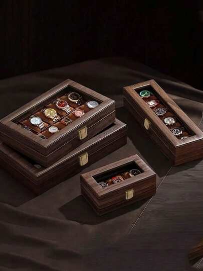 1pc Walnut Wood Watch Storage Box With Clear Glass Lid & Brass Latch, Watch Display Case With Soft Liner, Men Wristwatch Collector Organizer For Dresser Bedroom Jewelry Storage Gift
