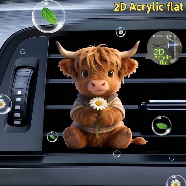 2D Flat Style 1pc Car Air Vent Clip Highland Cow Pattern With Daisy Decoration Unscented Acrylic Cartoon Air Freshener With 2 Unscented Sponge Pads, DIY Fragrance Add-On