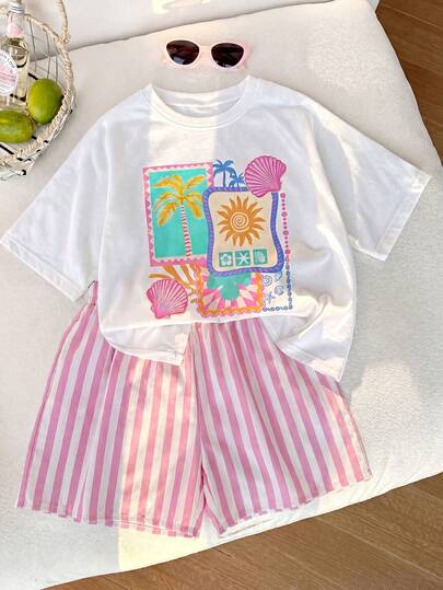 2 piezas/Set Conjunto casual versátil de camiseta de moda linda y shorts a rayas estilo vacaciones para niñas pequeñas