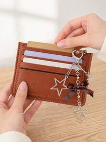 Minimalist Ultra-Thin Card Case, Featuring Delicate Heart-Shaped Star Bowknot Metal Chain Keychain, Money Bag, Card Holder, Wallet,Small Purse - Multicolor - View 6