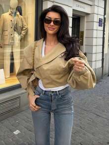Women's Casual Solid Color Short Jacket, Fashionable Everyday Wear Short Coat - Khaki - View 3