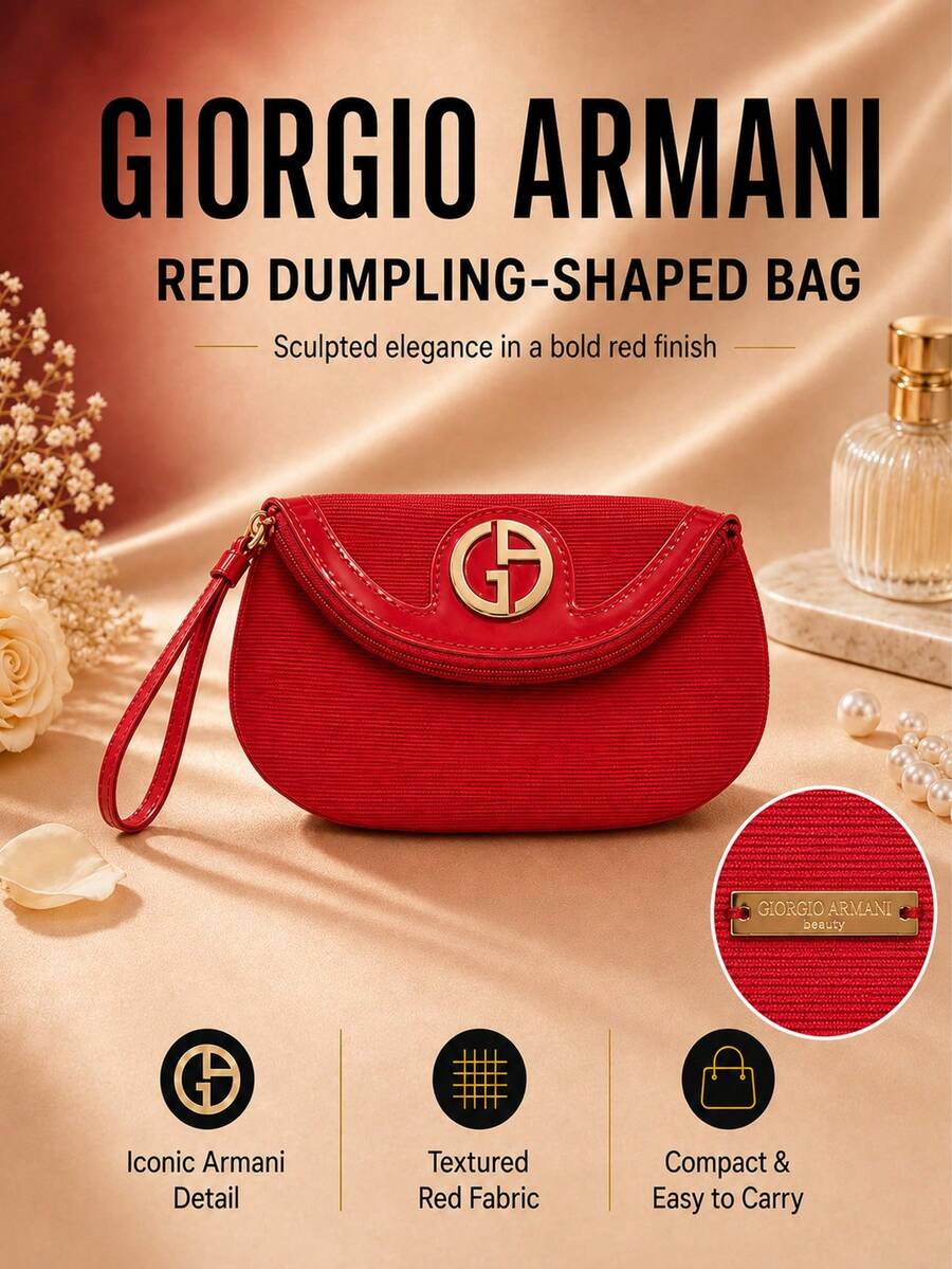 Giorgio Armani Armani Red Dumpling Clutch Bag, 18*12cm, Sold Individually, Textured Fabric With Wrist Strap, Suitable For Travel, Perfect For Storing Makeup And Small Essentials
