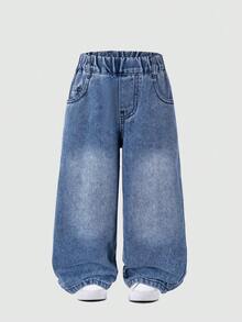Celana Jeans Denim Lurus Bergambar Kartun Bordir untuk Balita - Biru - View 4