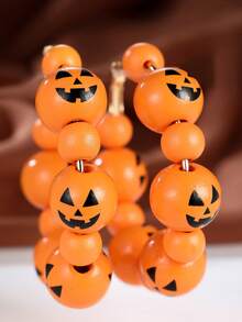1 Pair European & American Style Pumpkin Smiling Face Round Bead Large Hoop Earrings, Halloween Theme Beaded Earrings - Orange - View 3