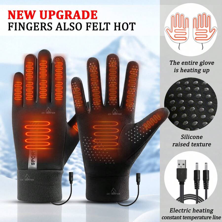 USB Heated Gloves, Warm Winter Gloves, Knitted Gloves, Available In Two Styles: Back Of Hand And Fingers Heating, Or Only Palm And Back Of Hand Heating. Perfect As A Warm Winter Gift For Parents And Friends. - Black - View 1
