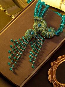 1pc Women's Fashion Vintage Jewelry Necklace, Retro Blue Ocean Style Tassel Seashell Heavy Craft Multi-Layer Faux Crystal Embellished Glamorous Necklace, Suitable For Banquet Wear - Multicolor - View 1