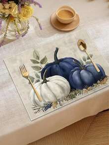 1pc/2pcs/4pcs Watercolor Hand-Painted Pumpkin Print Autumn Decorative Placemats, Simple Farmhouse Style Polyester Hard Fabric Table Mats, Machine Washable, Home Decor, Suitable For Family Gatherings, Parties, Holiday Decorations, Dining Table Decor, 32x42cm - Blue and White - View 1