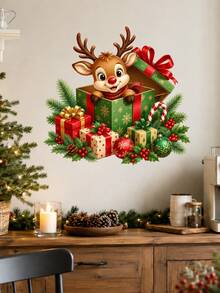 1pc Christmas Gift Box Wall Sticker, Santa Claus & Reindeer Surprise Gift Box Decoration Decal With Christmas Ornaments Holly Leaves Candy Cane And Holiday Present Design Self-Adhesive PVC Removable Waterproof Wall Sticker For Christmas Home Decor - Christmas Fun Wall Stickers - View 12