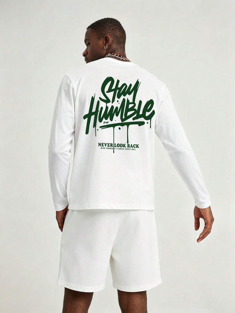 Men's Summer Fashion Letter Green Print Long Sleeve T-Shirt And Shorts 2 Pieces Casual Daily Set - White - View 1