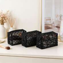 1pc Women's Mesh Breathable Makeup Bag, Multiple Pattern Colors Available, Portable Lipstick Touch-Up Storage Bag, Suitable For Daily Use And Carrying - Black - View 3