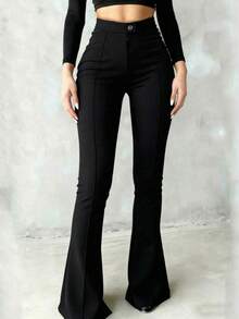 Women's High Waist Slim Fit Front Slit Flared Suit Pants, Elastic Drape Commute Casual Bell Bottom Trousers - Black - View 1