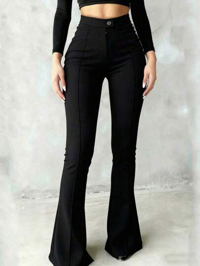 Women's High Waist Slim Fit Front Slit Flared Suit Pants, Elastic Drape Commute Casual Bell Bottom Trousers