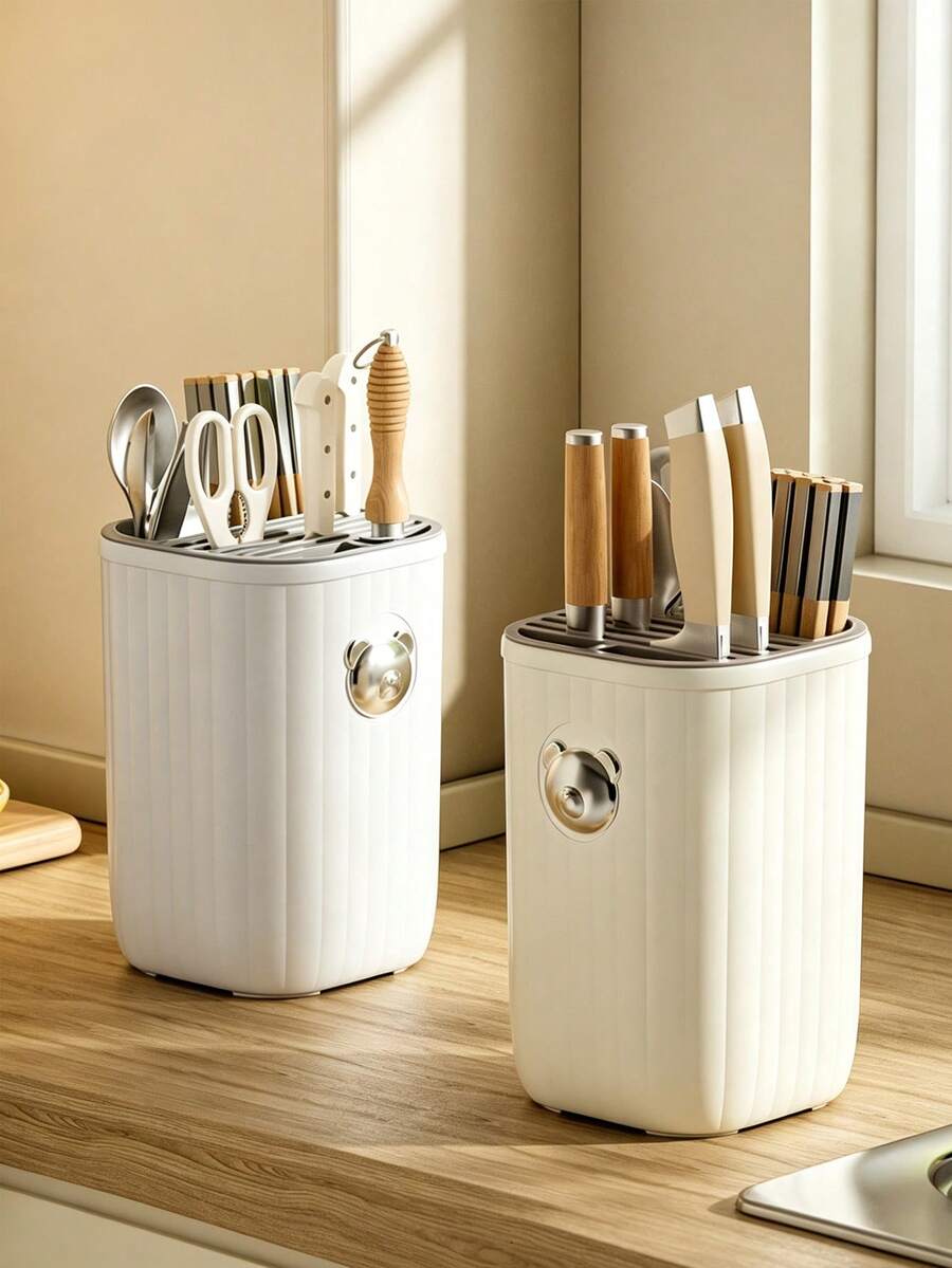 1/8pcs Multifunctional Kitchen Knife Block Holder, Plastic Vertical Striped Utensil Organizer For Knives Scissors Spoons, Countertop Cutlery Storage Rack With Drainage For Kitchen Counter - Multicolor - View 1