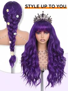 26 Inch Dark Purple Long Wavy Wig With Bangs For Women Heat Resistant Synthetic Fiber, Trimmable Bangs, Natural Wavy Wig Lightweight For Daily Wear, Cosplay, Parties, Festivals, And Halloween - Multicolor - View 5