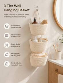 1pc 3-Tier Hanging Storage Basket, Minimalist Ins Style White Storage Basket, Wall-Mounted Sundries Storage Basket, Securely Hanging And Not Easily Detached, Suitable For Storing Various Small Items, Applicable For Entryway, Bathroom, Bedroom Storage - 3-tier Hanging Basket - View 3