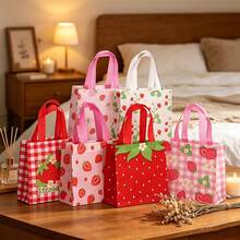 Pink Strawberry Pattern Printed Non-Woven Shopping Bags, Suitable For Preschool Party Birthday Atmosphere Decoration, Classroom Prizes, Theme Party Gift Packaging, Home Gathering Item Storage, Party Gift Packaging Christmas Thanksgiving Baby Shower Wedding - Multicolor - View 1