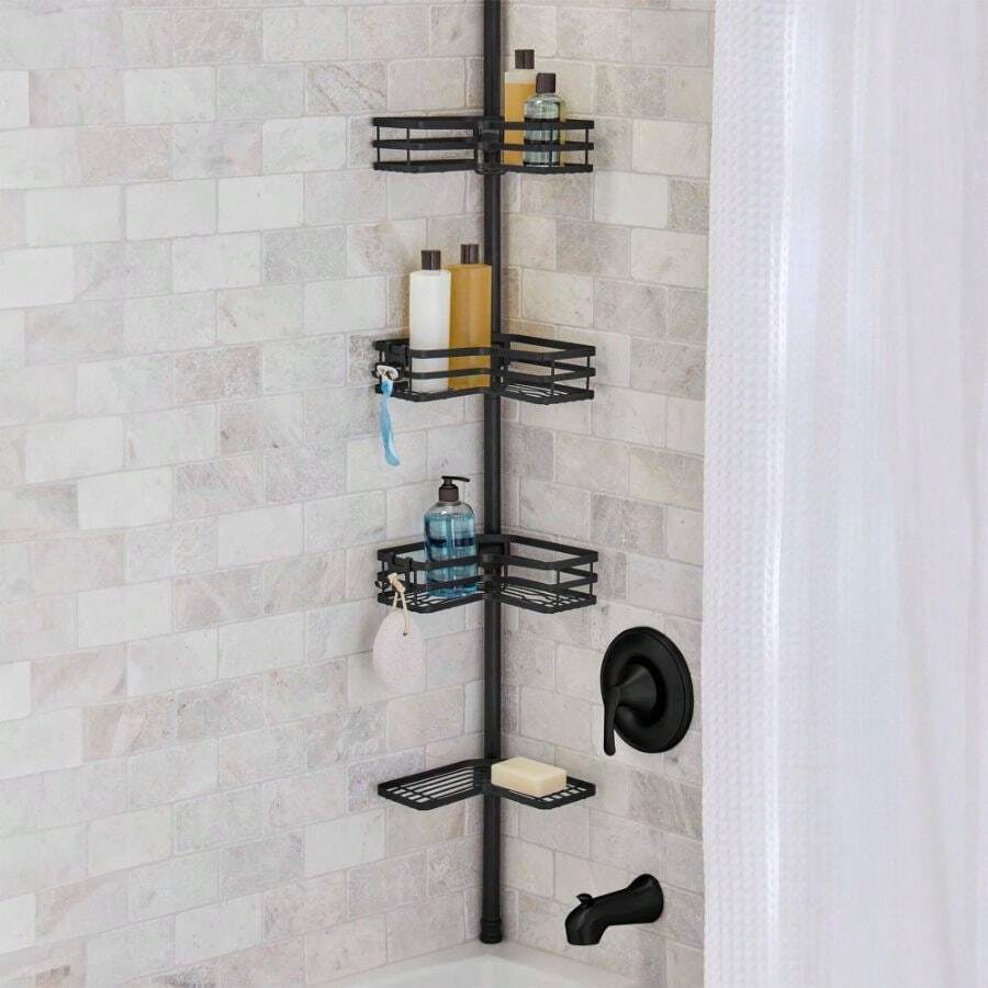 Matte Black Tension Pole Shower Caddy, Resists Rust, 3-Tier Storage - A - View 1