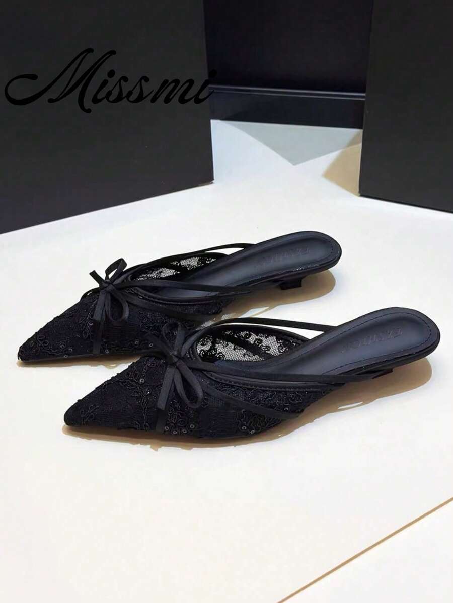 French Mesh Closed-Toe Slippers Women's Summer Outdoor Wear Pointed-Toe Stunning Thin Heel High-End Slouchy Mule High Heels - Black - View 1