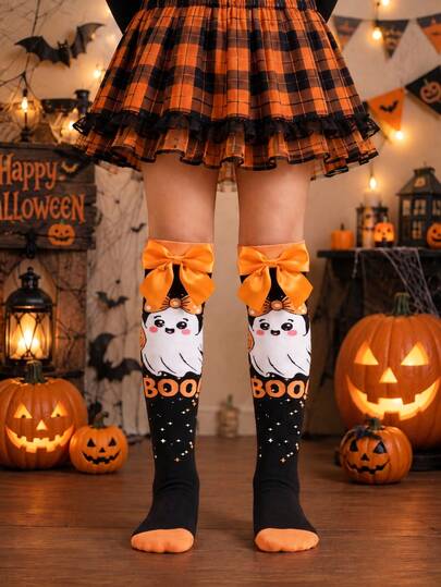 1 Pair Girls' Halloween Ghost Boo Print Knee-High Socks, Bow Decor, Girls' Halloween Socks, Autumn Socks, Girls' Children's Winter Clothing