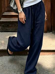 Women's Solid Navy Blue Ice Silk Wide Leg Pants, Suitable For Office, Party And Casual Occasions - Lightweight Design, Machine Washable Easy Care, Simple And Versatile, Suitable For Career Women Year-Round Bottoms - Navy Blue - View 4