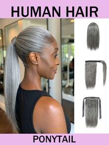 Short Gray Ponytail Extension Straight Human Hair Ponytail Drawstring Ponytail Hair Extensions For Women Comb Clip In Ponytail Hairpieces Fake Pony Tails - SGray - View 1