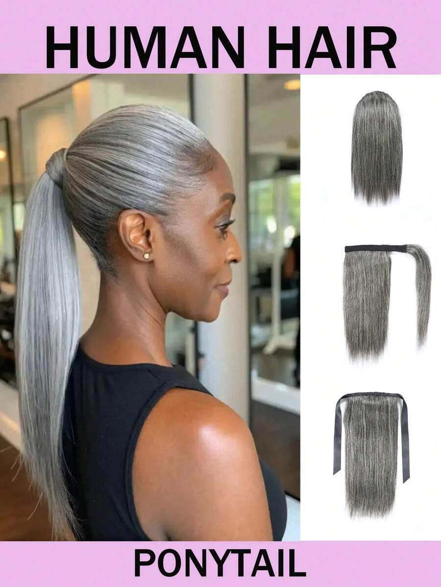 Short Gray Ponytail Extension Straight Human Hair Ponytail Drawstring Ponytail Hair Extensions For Women Comb Clip In Ponytail Hairpieces Fake Pony Tails - SGray - View 1