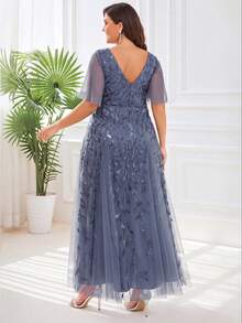 EVERPRETTY Women's Elegant Plus Size V-Neck Ruffle Sleeve Mesh Sequin Embroidered Long Formal Dress For Evening Party Wedding Guest Formal Occasions Fall - Dusty Blue - View 2
