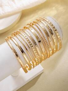 12pcs Elegant Casual Printed Heart Chain Bracelets For Women, Vacation Date Birthday Holiday Gift, Personalized Fashion Versatile - Yellow Gold - View 5