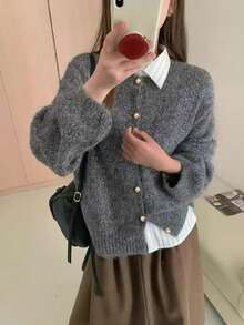New Autumn Soft Elegant Vintage Lazy Short Loose Knit Cardigan Sweater Top - Grey - View 1