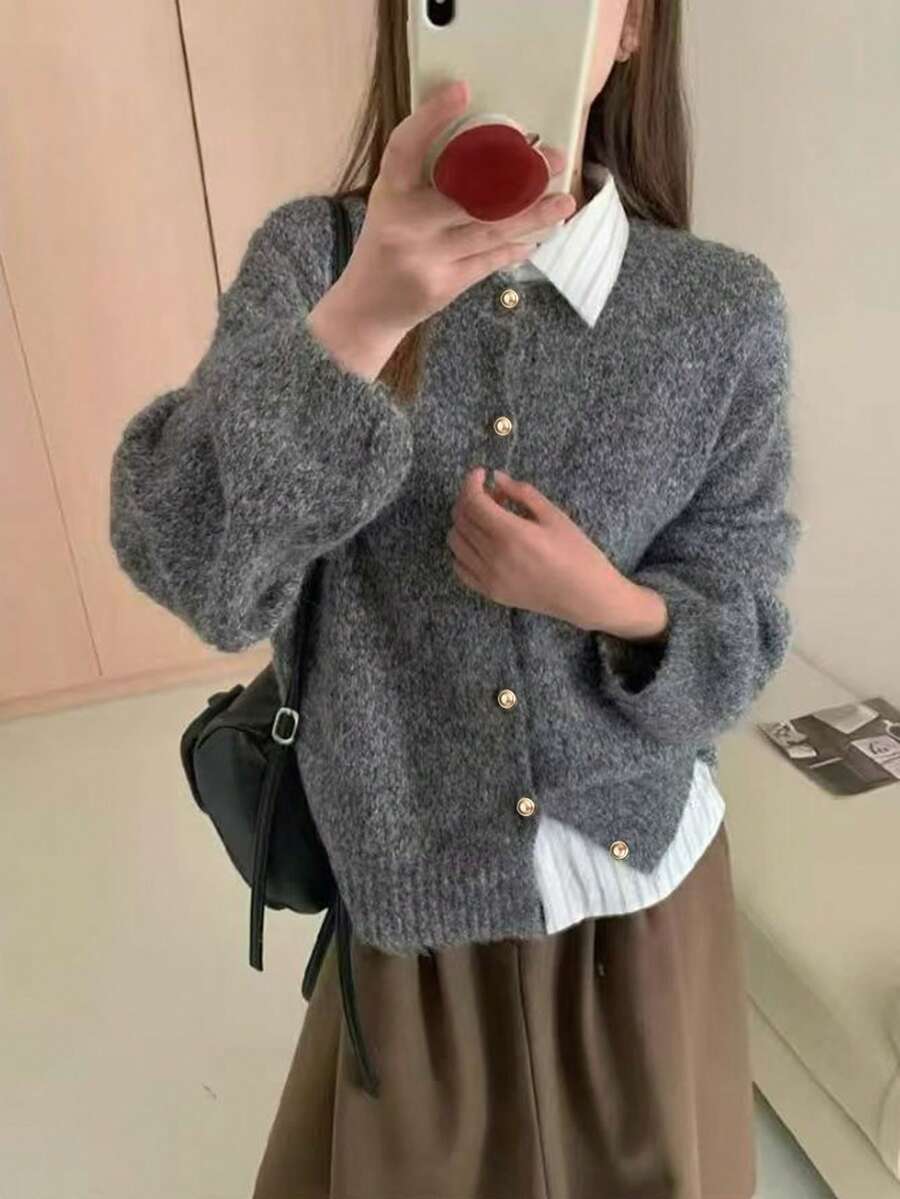 New Autumn Soft Elegant Vintage Lazy Short Loose Knit Cardigan Sweater Top - Grey - View 1