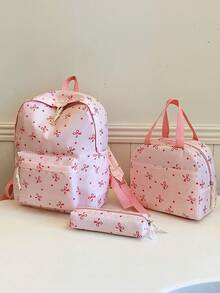New Bow Print Laptop Backpack, Suitable For Elementary, Middle And High School Students - Pink - View 5