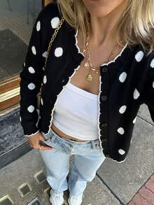 Fall/Winter Casual Versatile Crew Neck Cute Polka Dot 2 In 1 Going Out Knit Cardigan - Black and White - View 1