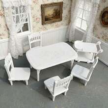 6pcs 1:12 Dollhouse Mini Model Scene Miniature Accessories Props Plastic Dining Cart Table Chairs Mini Micro Decor Home Decoration Fake Dining Table Dining Chairs Push Cart Set (White, Faux Wood Color) - 1 Table + 4 Chairs + 1 Trolley (6pcs) - View 14