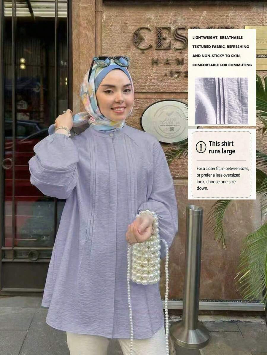 女款長袖主教袖喇叭領上衣,梭織布料製,時尚優雅,休閒商務風 - 淡紫色 - 查看 1
