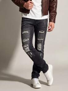 Men's Vintage Black-Grey Gradient Washed Slim Fit Stretch Denim Jeans, Multi-Layer Horizontal Distressed Ripped With White Frayed Details, Classic 5-Pocket Casual Denim Jeans - Black - View 3