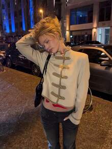 Imperial Style Short Jacket, Stand Collar Contrast Color Button Versatile Outerwear - Camel - View 3
