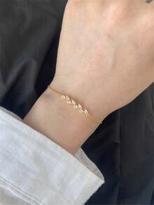 1pc Gold-Colored Leaf & Wheat Spike Design Copper Bracelet With Cubic Zirconia Inlay, Suitable For Women To Wear In Daily Life, Date And Party Occasions - Yellow Gold - View 11